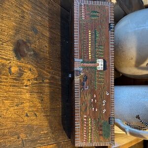 Folk Art Hand-Painted Wooden Box with Farmhouse Scene